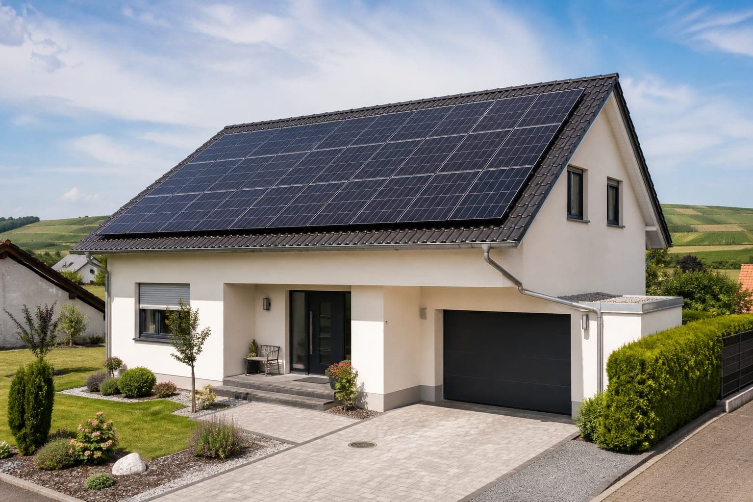 Einfamilienhaus mit Photovoltaikanlage auf dem Dach. Erstellt mit KI.